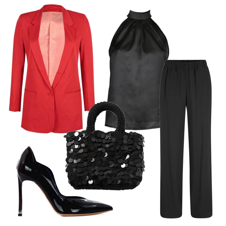 Outfit donna - Lugano di notte. Stile Minimal per Serata fuori. Abbinamento con pantaloni, borse a mano, top, blazer, décolleté.