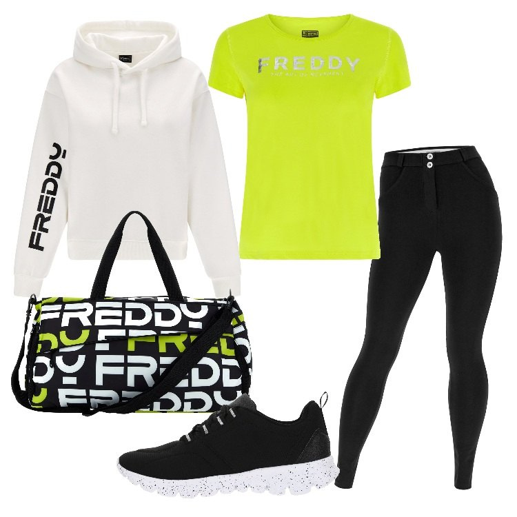 Outfit donna - Freddy uno stile inconfondibile. Stile Casual per Tutti i giorni. Abbinamento con pantaloni skinny, felpe con cappuccio, borse a spalla, sneakers, t-shirt.