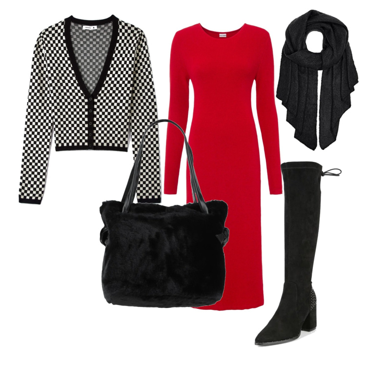Outfit donna - Il cardigan corto. Stile Casual chic per Ufficio. Abbinamento con vestiti, borse a mano, cardigans, stivali, sciarpe.
