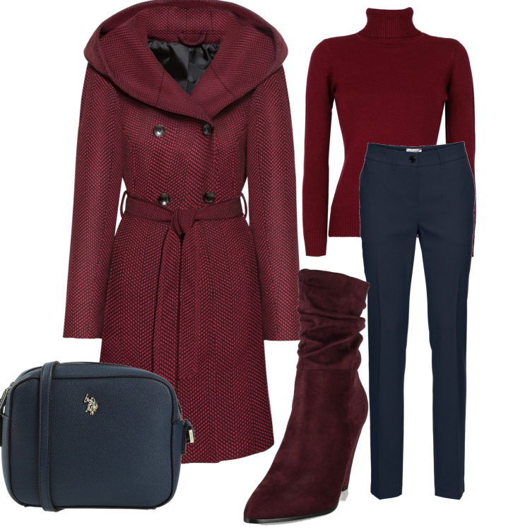 Outfit donna - Il cappotto bordeaux. Stile Casual per Ufficio. Abbinamento con cappotti, pantaloni, borse a tracolla, stivaletti, maglieria.