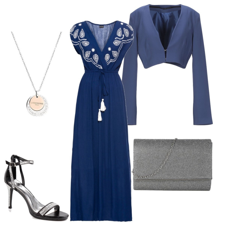 Outfit donna - Elegante in blu. Stile Bon Ton per Cerimonia. Abbinamento con vestiti lunghi, blazer, sandali in pelle, pochette, collane.