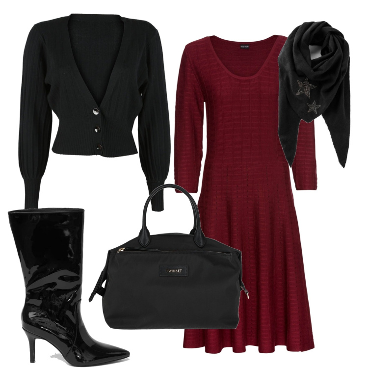 Outfit donna - Il cardigan bon ton. Stile Bon Ton per Ufficio. Abbinamento con vestiti, foulard, borse a mano, cardigans, stivali.