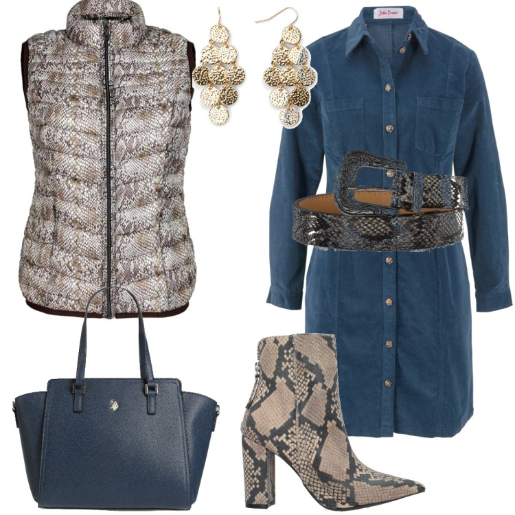 Outfit donna - Denim. Stile Casual per Tutti i giorni. Abbinamento con vestiti, orecchini, borse a mano, stivaletti, cinture, blazer.