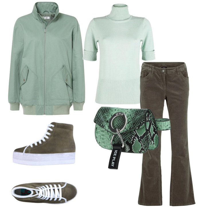 Outfit donna - Sabato pomeriggio. Stile Casual per Tutti i giorni. Abbinamento con pantaloni, giacche, sneakers, marsupi, pullovers.