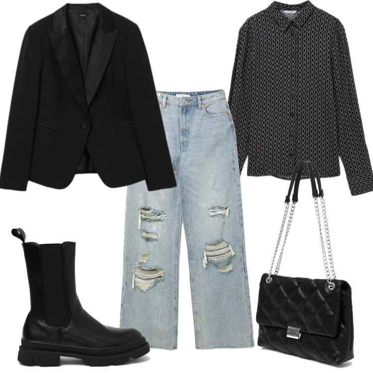 Outfit donna - Total look #1434585. Stile Casual per Serata fuori. Abbinamento con camicie, jeans strappati, stivali, borse a spalla, blazer.