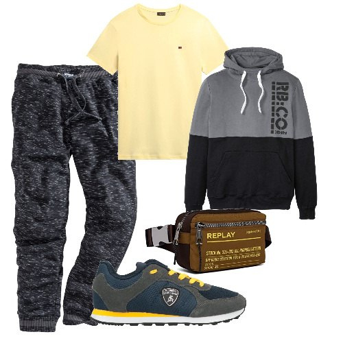 Outfit uomo - Jogging al parco. Stile Urban per Sport. Abbinamento con pantaloni, felpe con cappuccio, sneakers, t-shirt, borse sportive.