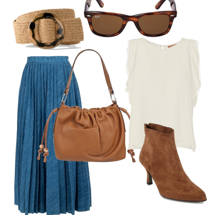 Outfit donna - Gita fuori porta. Stile Casual per Tutti i giorni. Abbinamento con cinture, borse a mano, stivaletti, gonne lunghe, bluse, occhiali da sole.
