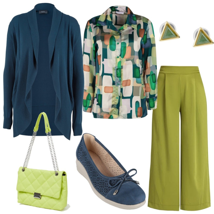 Outfit donna - Comoda con stile. Stile Casual per Tutti i giorni. Abbinamento con cardigans, pantaloni, camicie, ballerine, borse a spalla, orecchini.