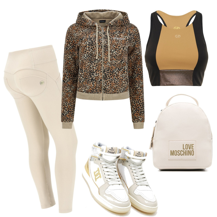 Outfit donna - Sportivamente Freddy. Stile Sporty chic per Tutti i giorni. Abbinamento con sneakers alte, felpe con cappuccio, pantaloni skinny, zaini, reggiseni.