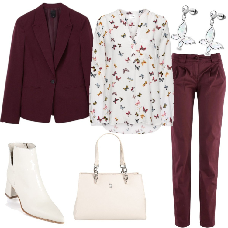 Outfit donna - Passeggiata. Stile Casual chic per Tutti i giorni. Abbinamento con bluse, pantaloni chino, borse a mano, stivaletti, blazer, orecchini.