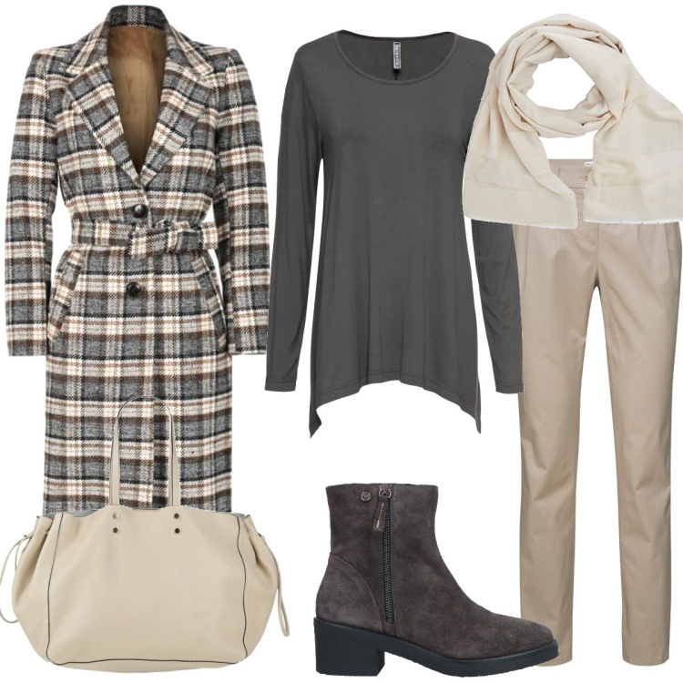 Outfit donna - Ufficio. Stile Casual per Ufficio. Abbinamento con pantaloni chino, maglieria, stivaletti, borse a mano, cappotti, sciarpe.