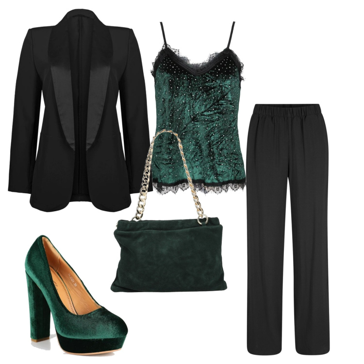 Outfit donna - Smoking da sera. Stile Mannish per Serata fuori. Abbinamento con pantaloni, borse a mano, top, blazer, décolleté.