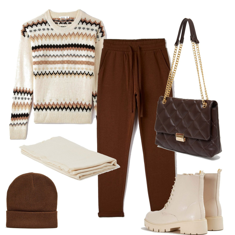 Outfit donna - Autunno inoltrato. Stile Casual per Tutti i giorni. Abbinamento con pantaloni skinny, anfibi, maglieria, cappelli con visiera, borse a spalla, sciarpe.