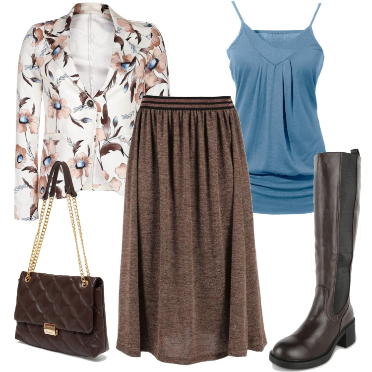 Outfit donna - L\'ufficio in Ottobre. Stile Casual chic per Ufficio. Abbinamento con top, gonne lunghe, blazer, stivali, borse a spalla.