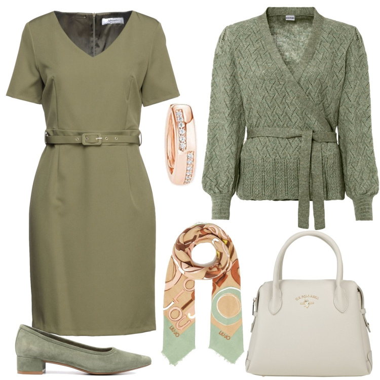 Outfit donna - Curvy, in ufficio in verde. Stile Bon Ton per Ufficio. Abbinamento con maglieria, vestiti corti, borse a mano, foulard, décolleté, orecchini.