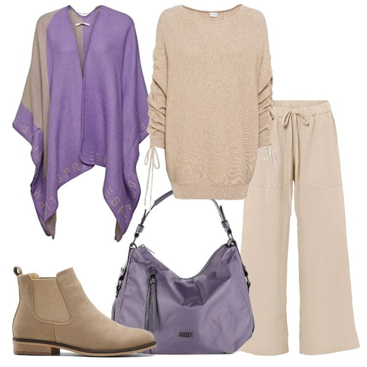Outfit donna - Comodissima con stile!. Stile Casual per Tutti i giorni. Abbinamento con stivaletti chelsea, pantaloni, maglieria, borse a spalla, sciarpe.