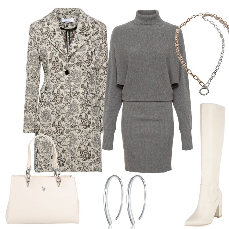 Outfit donna - Grigio. Stile Chic per Tutti i giorni. Abbinamento con cappotti, borse a mano, vestiti, stivali, orecchini, collane.