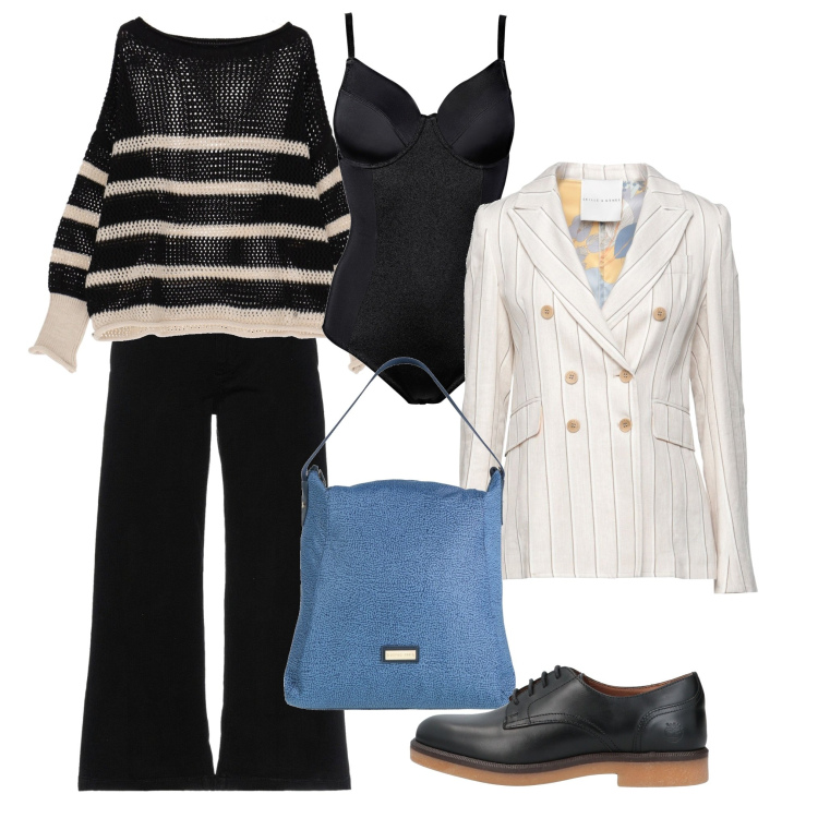 Outfit donna - Righe e righini. Stile Chic per Serata fuori. Abbinamento con body, scarpe stringate, borse a mano, pantaloni, blazer, maglieria.