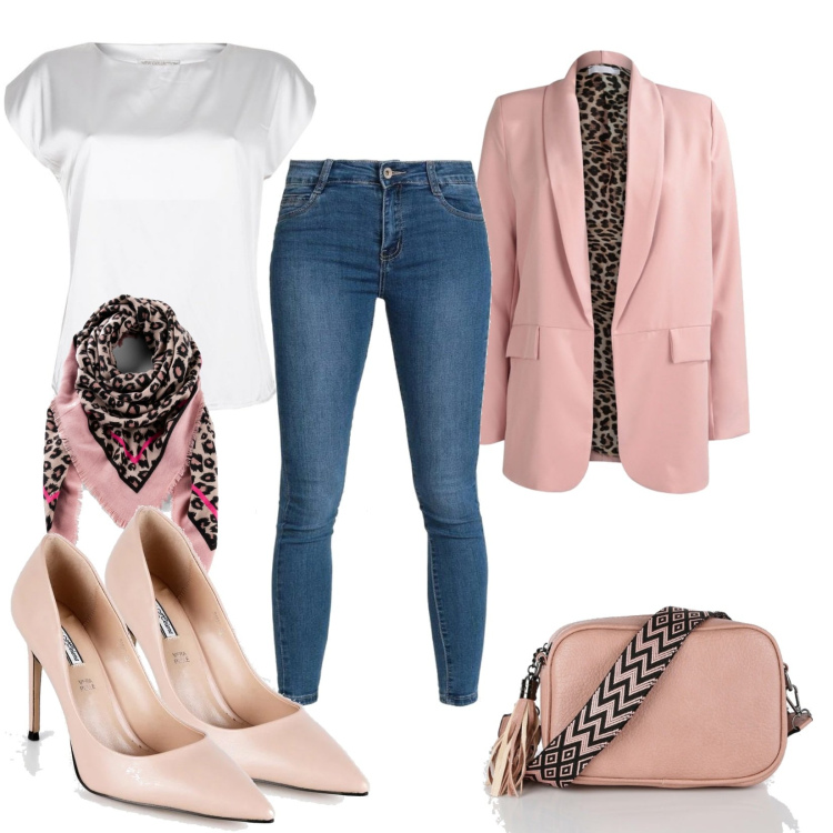 Outfit donna - Il mese del rosa. Stile Casual chic per Tutti i giorni. Abbinamento con foulard, blazer, borse a mano, décolleté, jeans skinny, bluse.