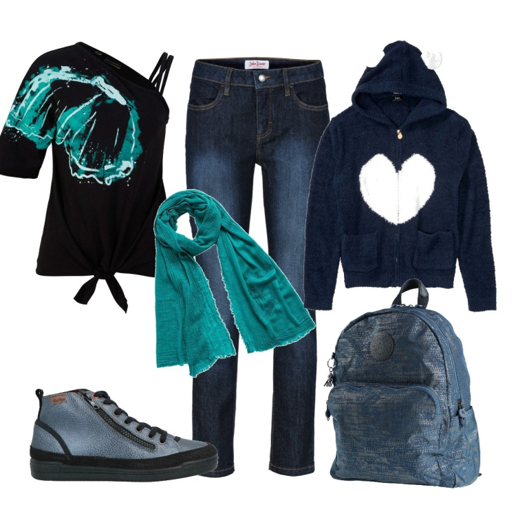 Outfit donna - Total look #1435293. Stile Casual chic per Scuola/Università. Abbinamento con jeans slim fit, giacche, maglieria, zaini, sneakers, sciarpe.