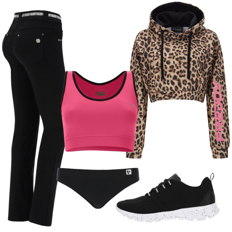 Outfit donna - Freddy style animalier. Stile Trendy per Tutti i giorni. Abbinamento con slip, pantaloni, felpe con cappuccio, reggiseni, sneakers.