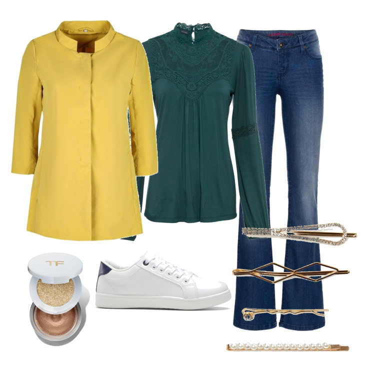 Outfit donna - Fermagli con brillanti. Stile Casual chic per Tutti i giorni. Abbinamento con jeans bootcut, maglieria, sneakers, giacche, accessori per capelli, ombretti.