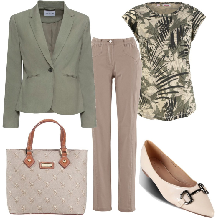 Outfit donna - Ottobre con il sole. Stile Casual chic per Ufficio. Abbinamento con borse a mano, blazer, maglieria, pantaloni, ballerine.