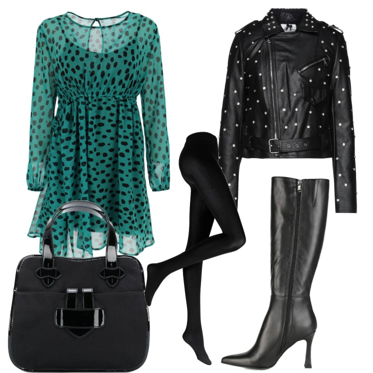 Outfit donna - Il vestito verde maculato. Stile Trendy per Ufficio. Abbinamento con collant, giacche, stivali, vestiti corti, borse tote.