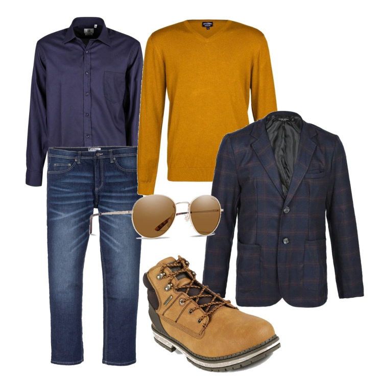 Outfit uomo - Spezzo il blu col giallo caldo. Stile Business/Elegante per Ufficio. Abbinamento con jeans dritti, stivali e stivaletti, pullovers, camicie, giacche, occhiali da sole.