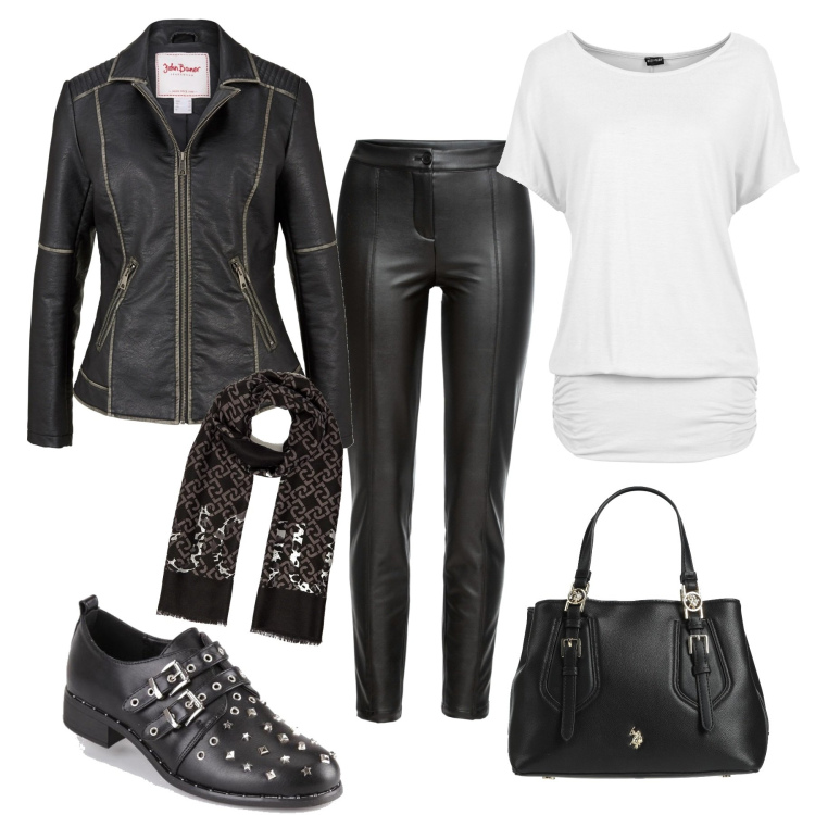 Outfit donna - Biker chic. Stile Rock per Tutti i giorni. Abbinamento con maglieria, blazer, pantaloni, borse a mano, francesine, stole.