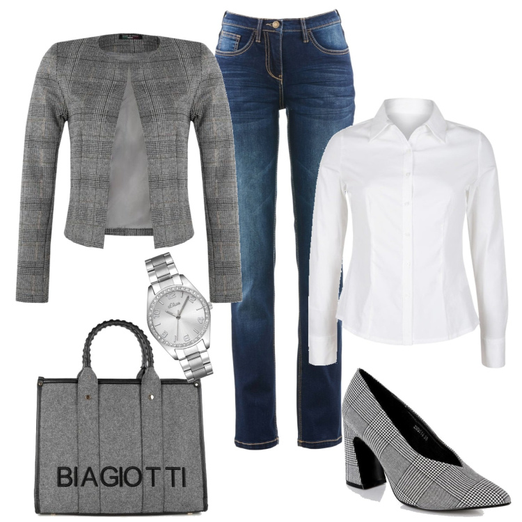 Outfit donna - Comoda in ufficio. Stile Casual chic per Ufficio. Abbinamento con jeans dritti, blazer, décolleté, camicie, borse a mano, orologi.