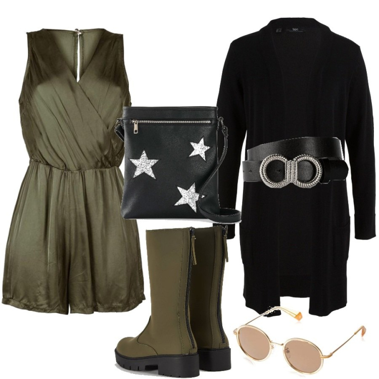 Outfit donna - Total look #1435497. Stile Trendy per Scuola/Università. Abbinamento con cardigans, cinture, borse a tracolla, tuta corta, stivaletti, occhiali da sole.