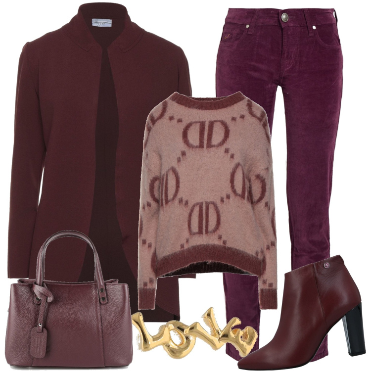 Outfit donna - Toni viola. Stile Casual chic per Tutti i giorni. Abbinamento con stivaletti, pullovers, blazer, pantaloni, borse a mano, orecchini.