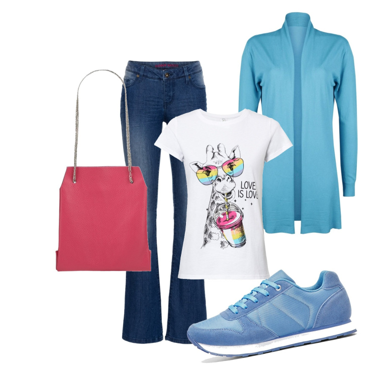 Outfit donna - Giraffa arcobaleno. Stile Casual per Scuola/Università. Abbinamento con jeans bootcut, t-shirt, sneakers, borse a mano, cardigans.