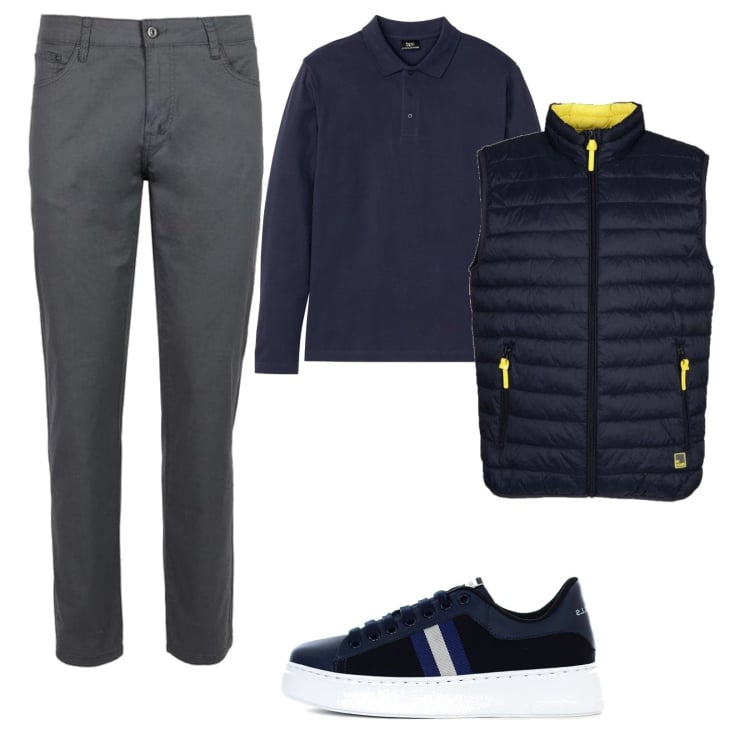 Outfit uomo - Pantaloni comodi. Stile Casual per Tutti i giorni. Abbinamento con polo, piumini, pantaloni, sneakers.