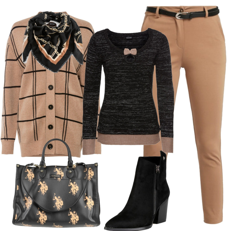 Outfit donna - In città. Stile Casual per Tutti i giorni. Abbinamento con borse a mano, maglieria, cardigans, foulard, pantaloni, stivaletti.