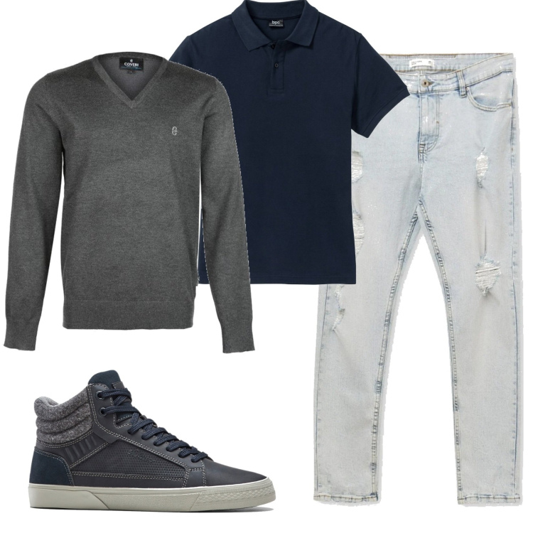 Outfit uomo - Un\'uscita pomeridiana. Stile Casual per Tutti i giorni. Abbinamento con polo, sneakers alte, pullovers, jeans skinny.