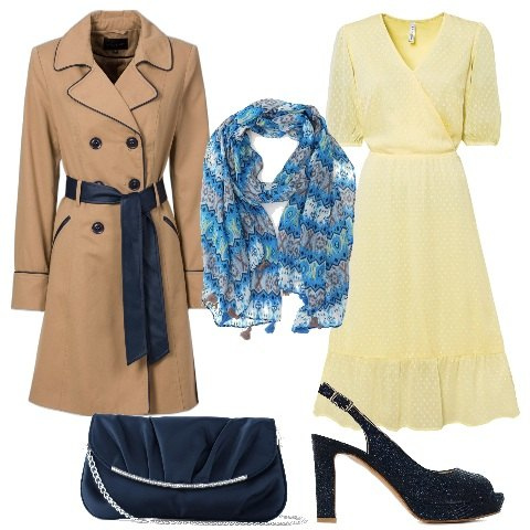 Outfit donna - Un ottobre romantico. Stile Romantica per Tutti i giorni. Abbinamento con trench, pochette, vestiti midi/longuette, scarpe col tacco, foulard.