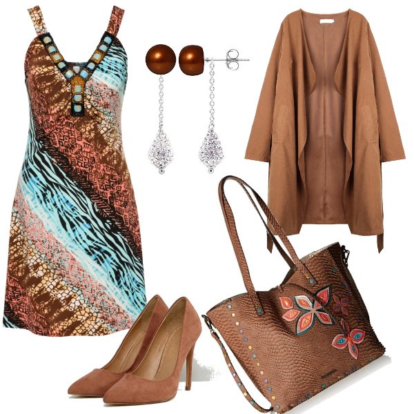 Outfit donna - Terra e menta. Stile Sexy per Serata fuori. Abbinamento con vestiti, borsa a spalla beige, giacca effetto scamosciato in pelle sintetica, décolleté con tacco alto pianta larga, orecchini in argento 925.