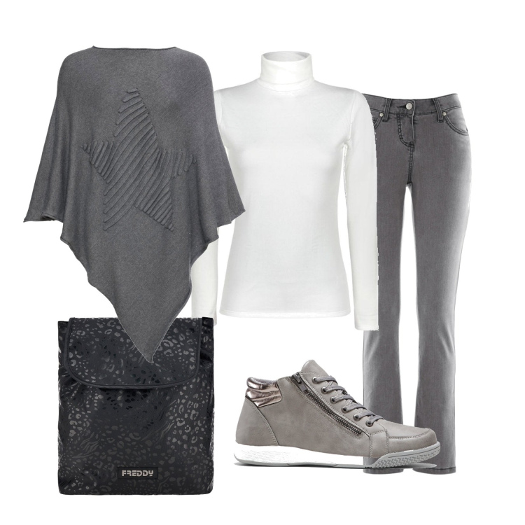 Outfit donna - Grigio. Stile Casual per Scuola/Università. Abbinamento con sneakers alte, jeans slim fit, cappotti, t-shirt, zaini.