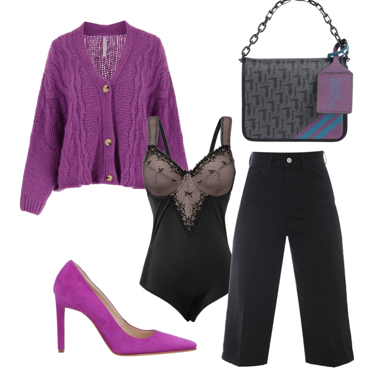 Outfit donna - L\'intimo sotto il cardigan. Stile Chic per Serata fuori. Abbinamento con body, borse a mano, décolleté, cardigans, pantaloni culotte.