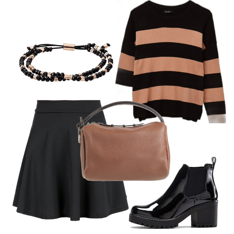 Outfit donna - Giornata a righe. Stile Trendy per Tutti i giorni. Abbinamento con stivaletti, borse a mano, minigonne, maglieria, braccialetti.