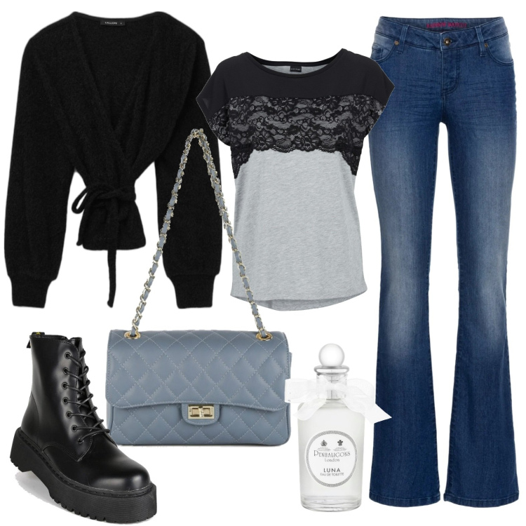 Outfit donna - Pizzo nero&borsa avion. Stile Basic per Tutti i giorni. Abbinamento con jeans bootcut, maglieria, anfibi, borse a tracolla, cardigans, profumi.