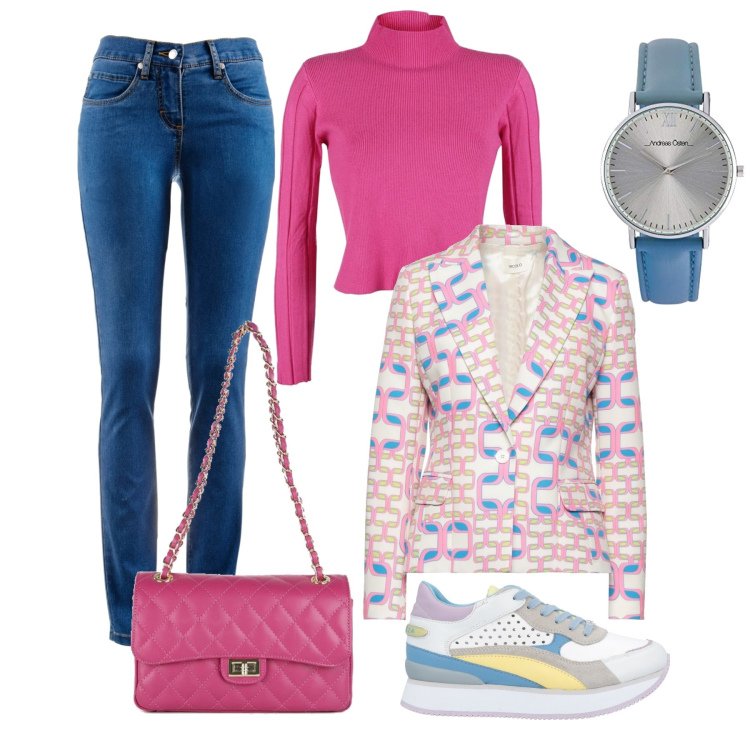 Outfit donna - Healthy Pink. Stile Sporty chic per Tutti i giorni. Abbinamento con jeans dritti, sneakers, blazer, pullovers, borse a tracolla, orologi.