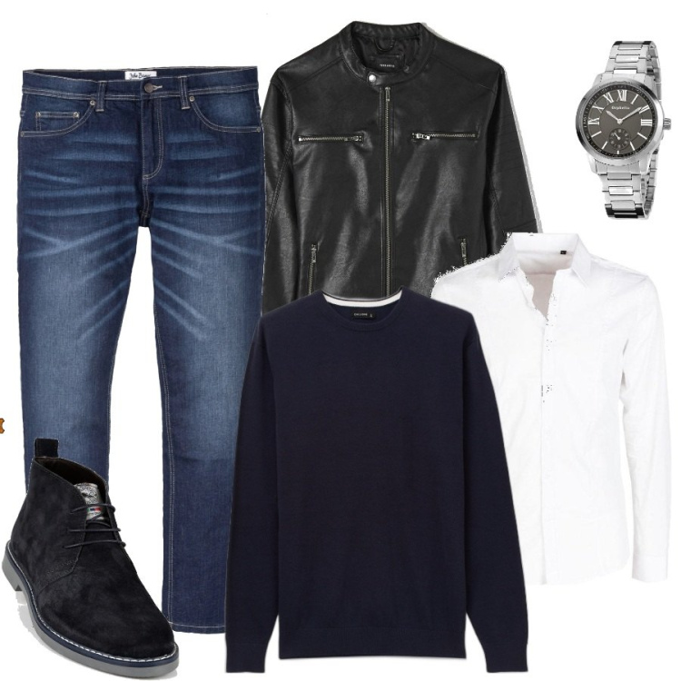 Outfit uomo - Total look #1436216. Stile Casual per Tutti i giorni. Abbinamento con jeans dritti, cappotti, stivali e stivaletti, camicie, maglieria, orologi.
