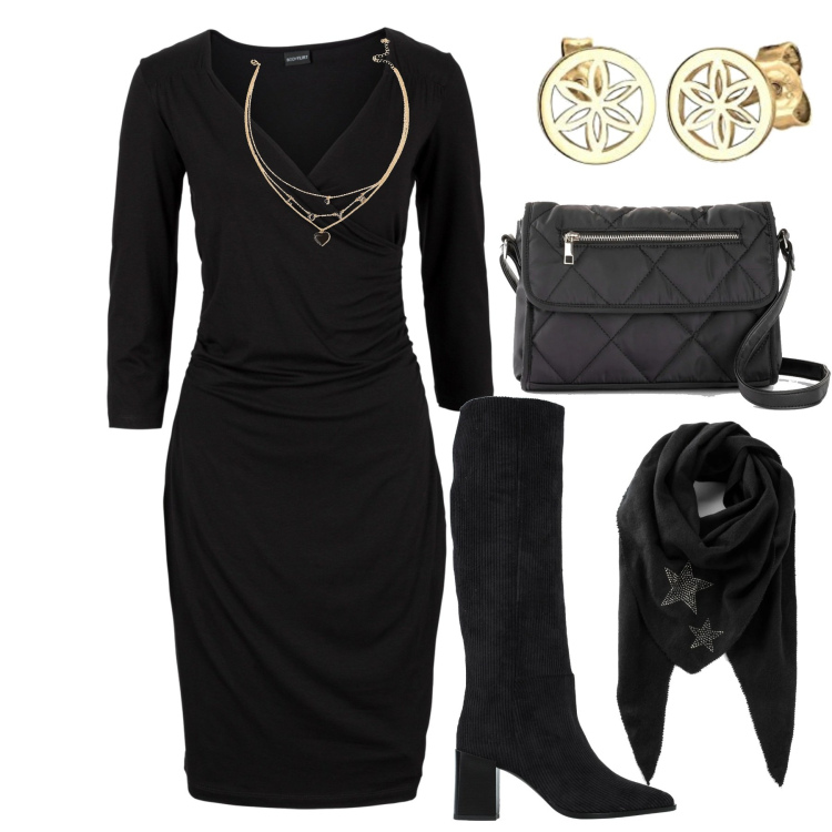 Outfit donna - Il tubino nero. Stile Casual chic per Tutti i giorni. Abbinamento con foulard, vestiti a tubino, borse a tracolla, stivali, ciondoli, orecchini.
