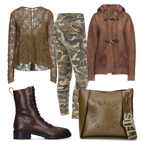 Outfit donna - Total look #1436290. Stile Military per Serata fuori. Abbinamento con cappotti, bluse, pantaloni skinny, borse a spalla, stivaletti.