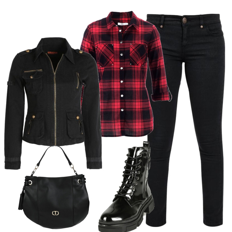Outfit donna - La camicia a quadri. Stile Trendy per Tutti i giorni. Abbinamento con camicie, borse a mano, blazer, anfibi, pantaloni.
