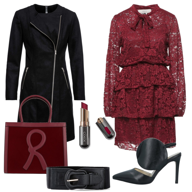 Outfit donna - L\'abito di pizzo curvy. Stile Glamour per Serata fuori. Abbinamento con cinture, cappotti, vestiti corti, décolleté, borse a mano, rossetti.