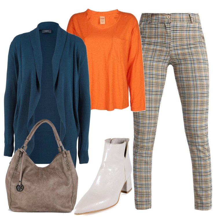 Outfit donna - In città. Stile Casual per Tutti i giorni. Abbinamento con cardigans, pantaloni, t-shirt, stivaletti, borse a spalla.